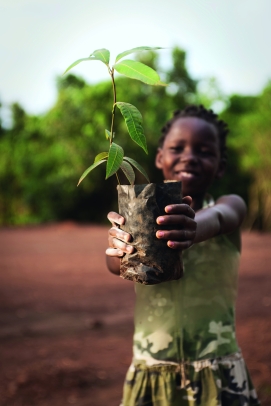 Mädchen in Afrika steht draußen und hält Pflanze in der Hand. 